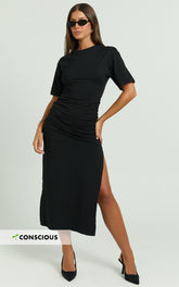 Lizzy Midi Dress - Jersey Ruched Side Split Dress in Black